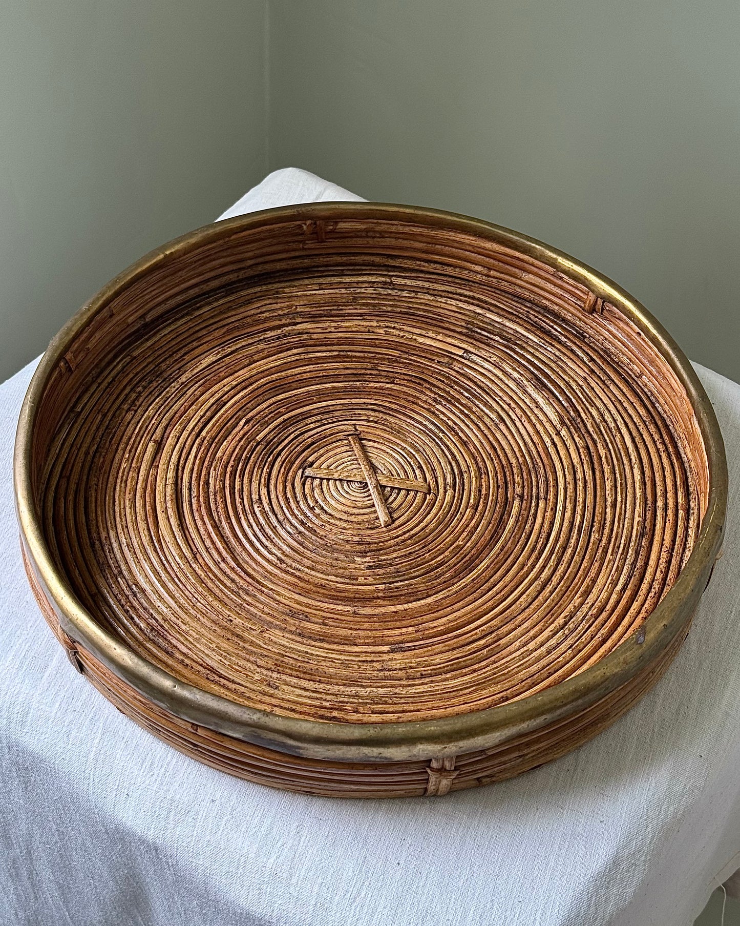 Large Italian Pencil Reed & Brass Round Tray