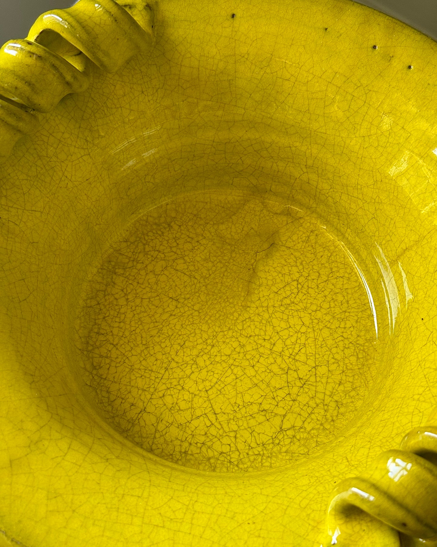 Antique Catalan Yellow Glazed Terracotta Bowl with Scroll Handles