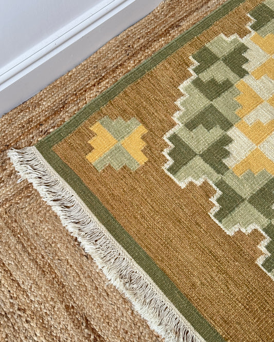 Swedish Wool Röllakan Flatweave Rug with Stepped Medallion