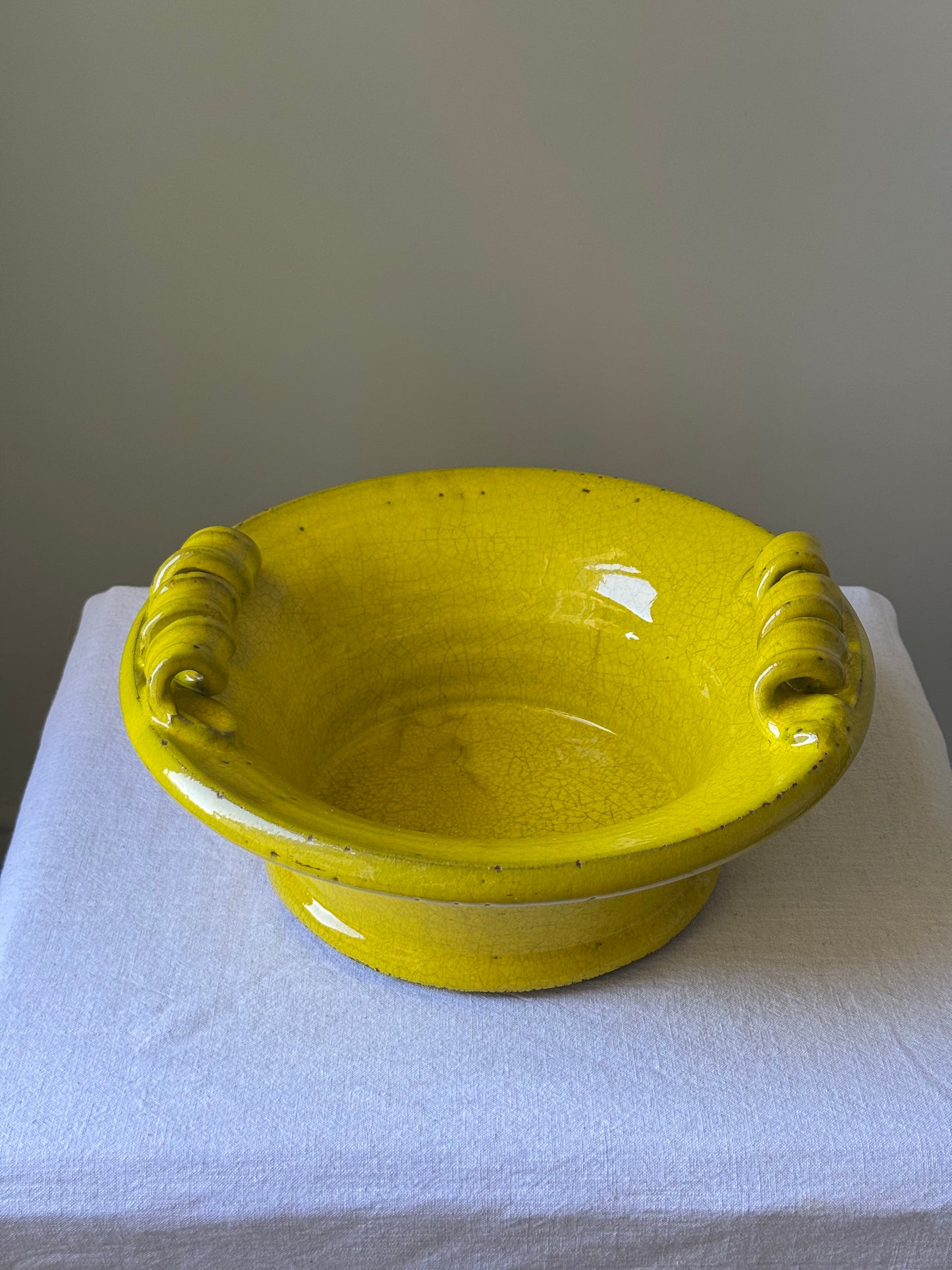 Antique Catalan Yellow Glazed Terracotta Bowl with Scroll Handles