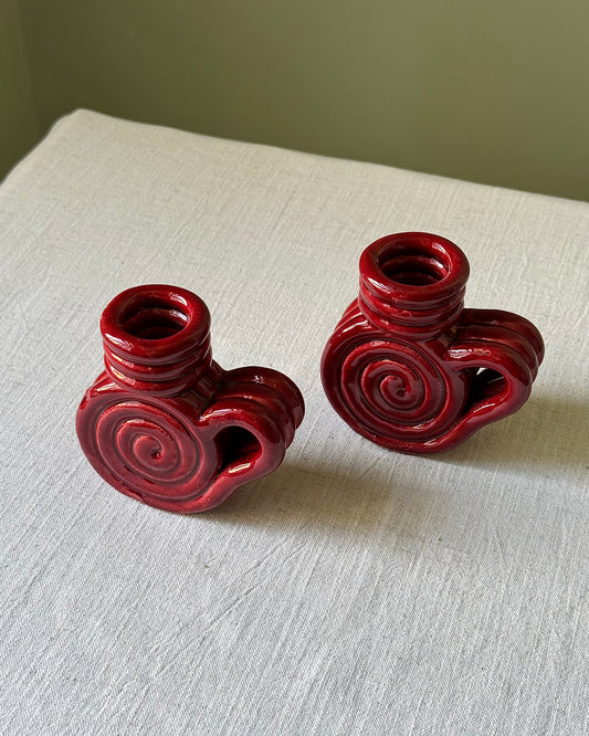 Pair of Vallauris Red Glaze Spiral Candlestick Holders