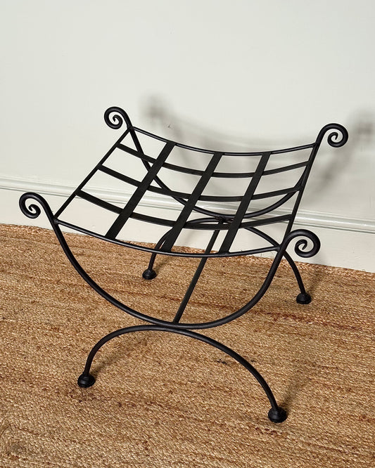Vintage French Iron Curule Stool with Sculptural Curls