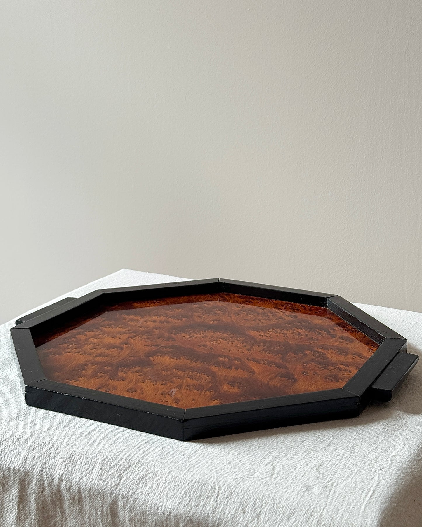 Art Deco Hexagonal Burlwood Tray with Black Frame