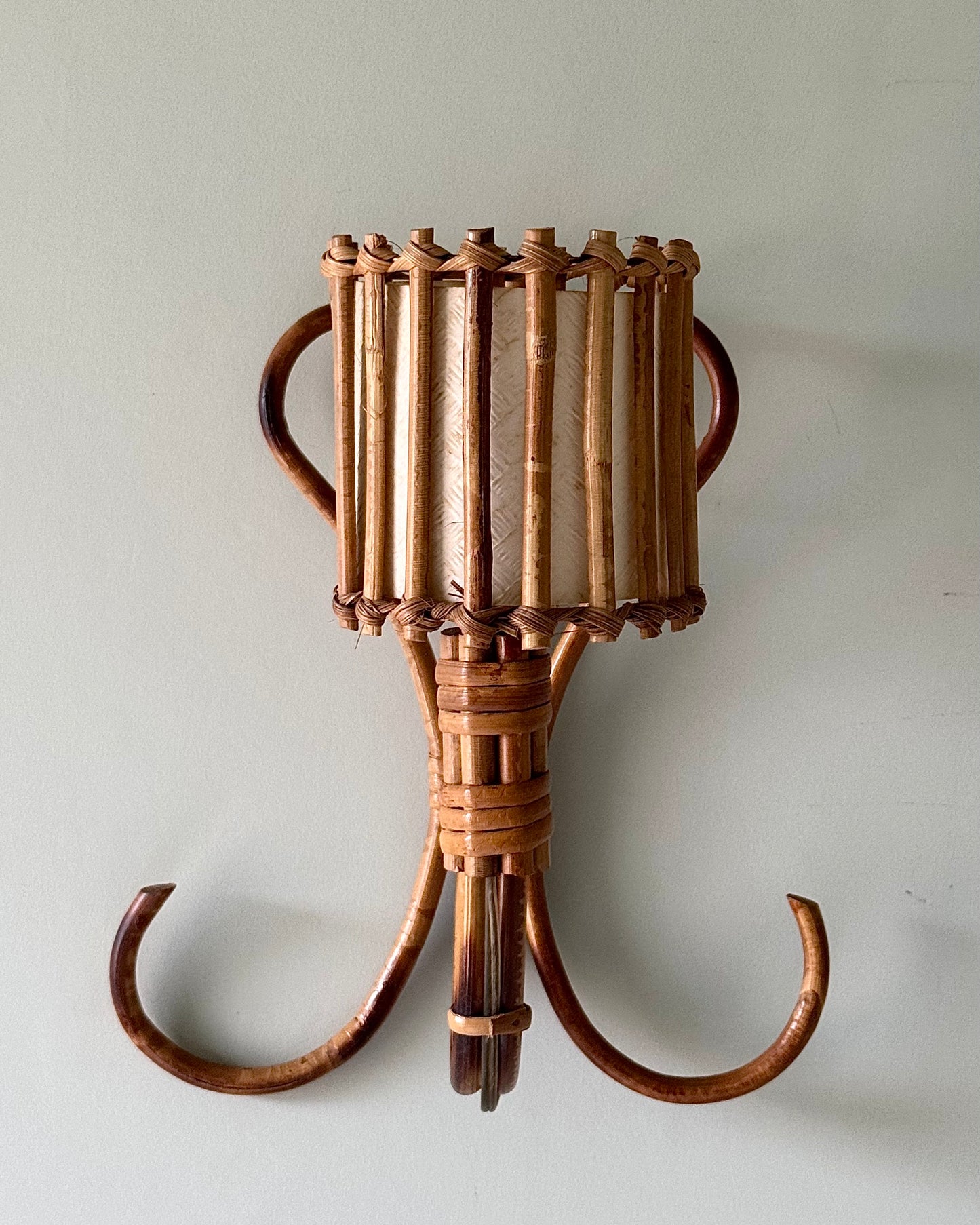 Pair of Rattan & Bamboo Wall Sconces, Attributed to Louis Sognot