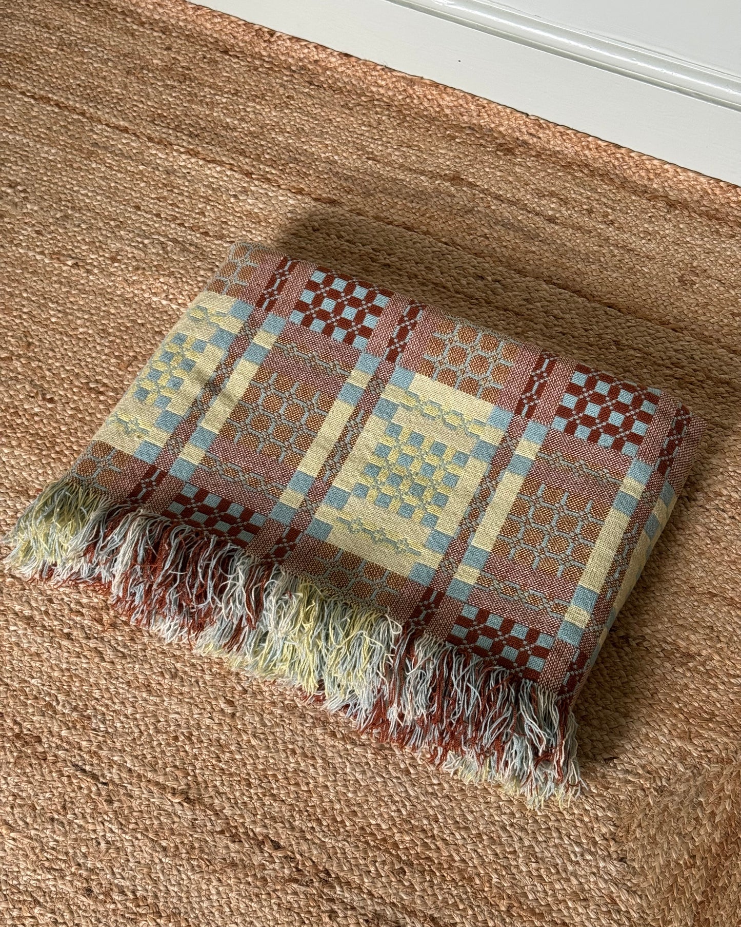Vintage Welsh Wool Tapestry Blanket in Pastel Blue, Brown & Yellow