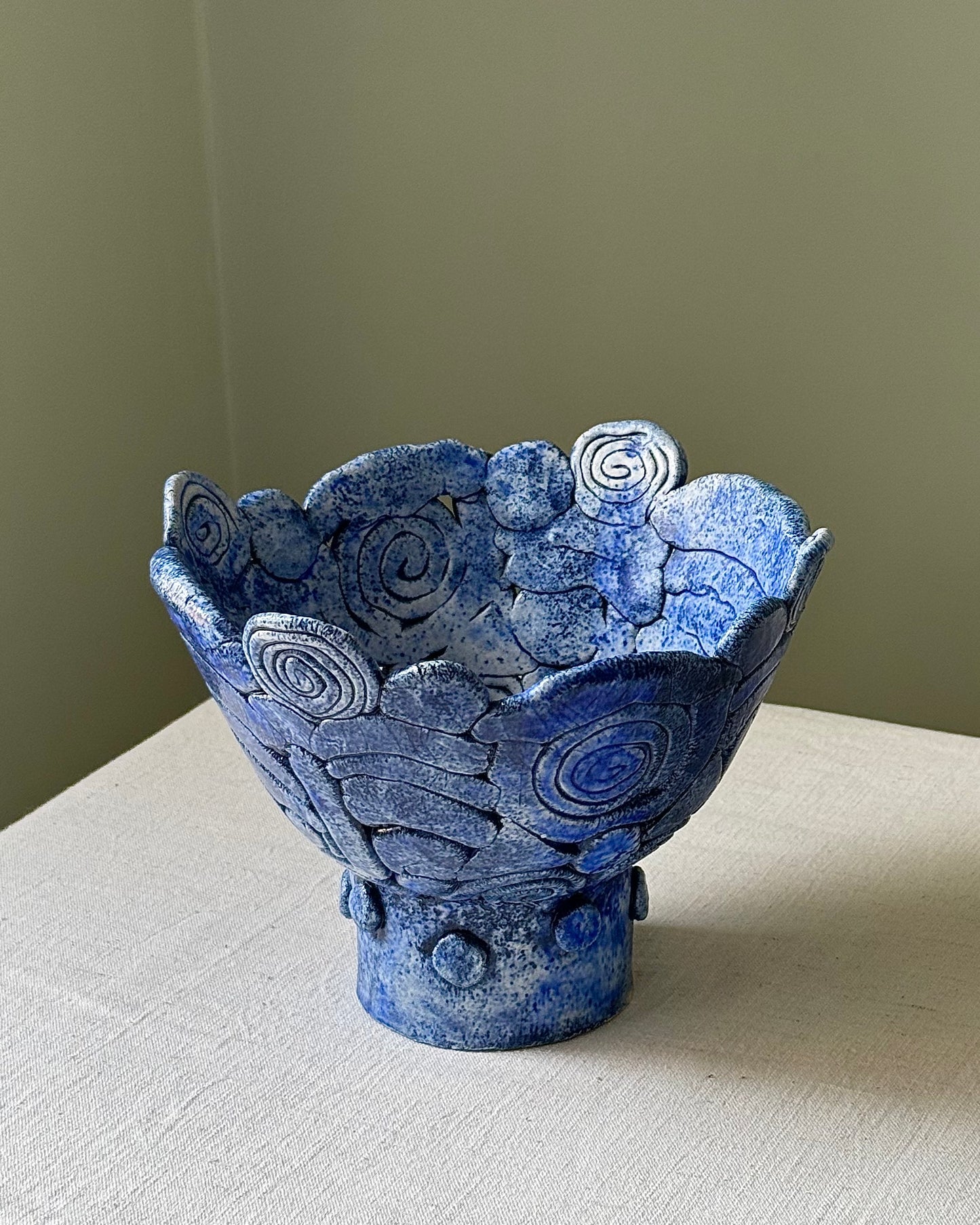 Cobalt Blue Sculptural Studio Pottery Pedestal Bowl