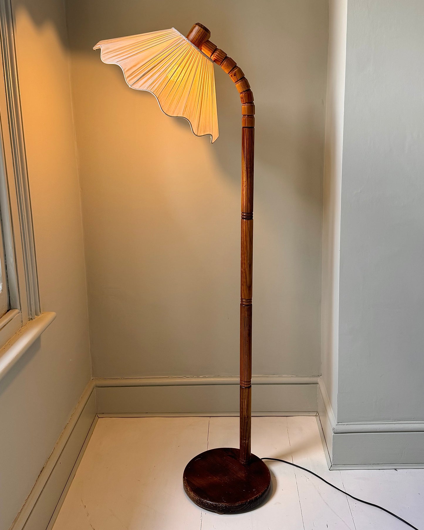 Vintage Swedish Floor Lamp with Original Silk Shade, 1950s