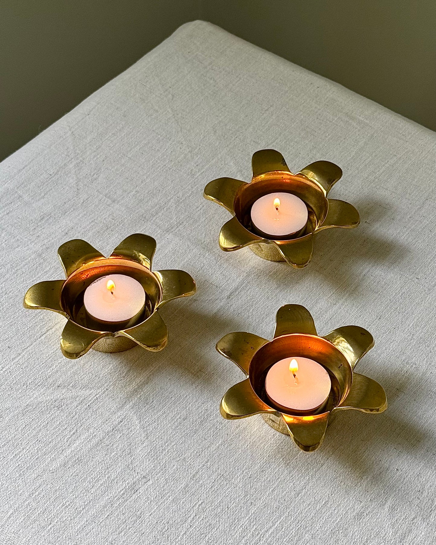Set of 3 Swedish Mid-century Brass Flower Tealight Holders