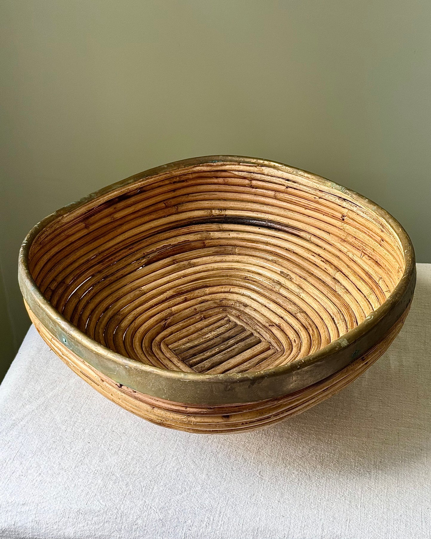 Italian Pencil Reed & Brass Rim Footed Bowl