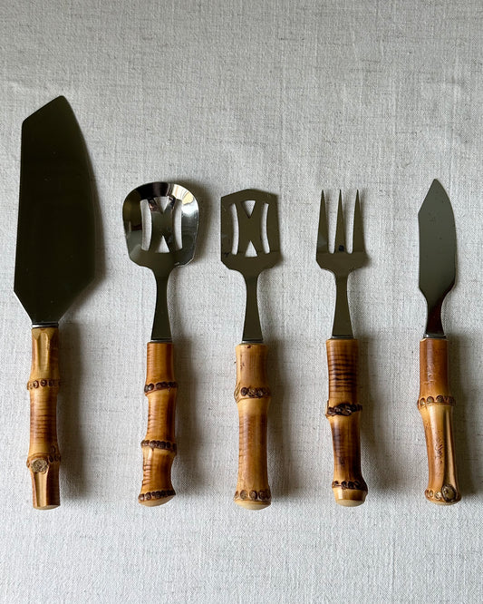 Set of 5 Vintage French Bamboo Cheese Knives