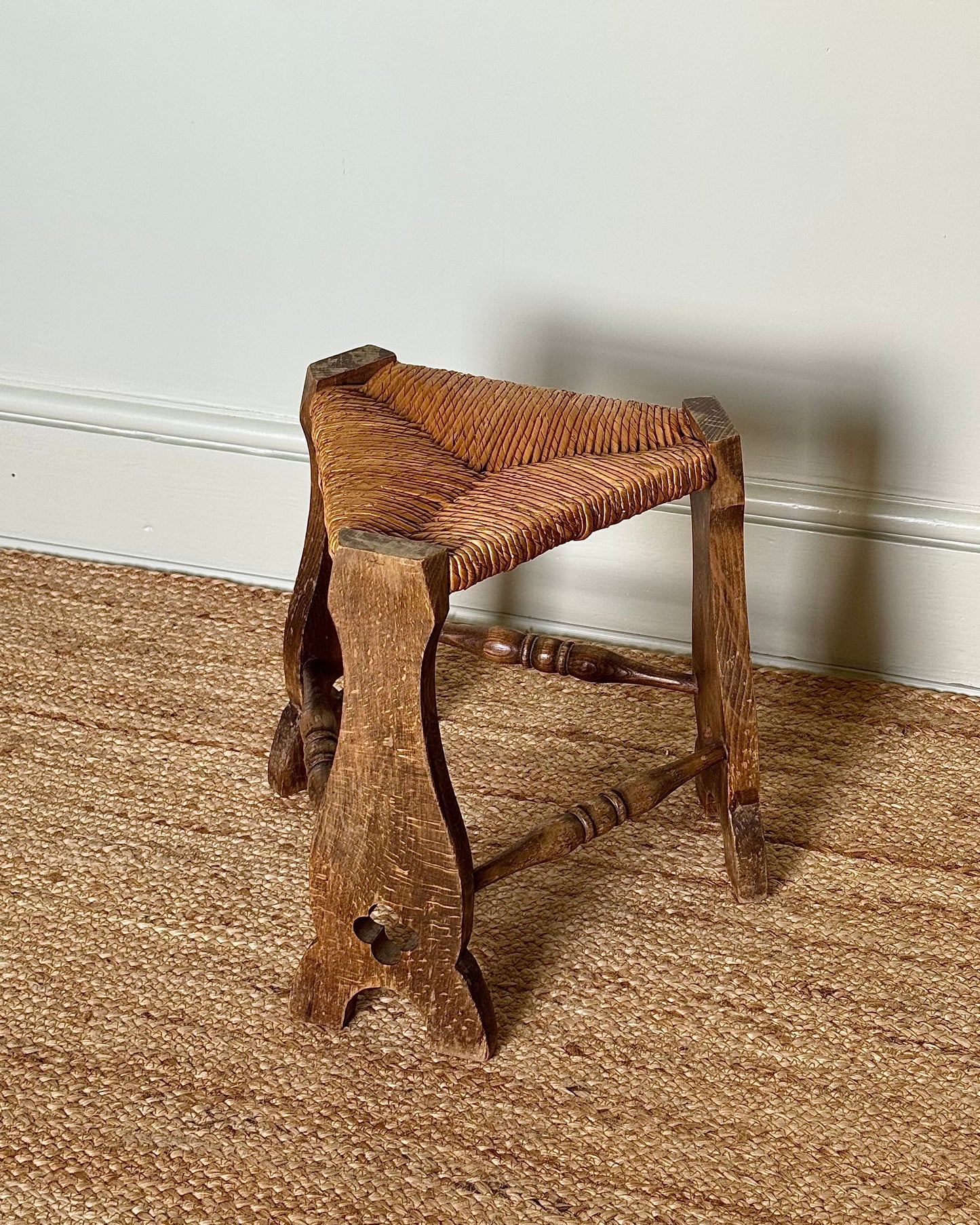 Mid-century French Triangular Rush Seat Stool