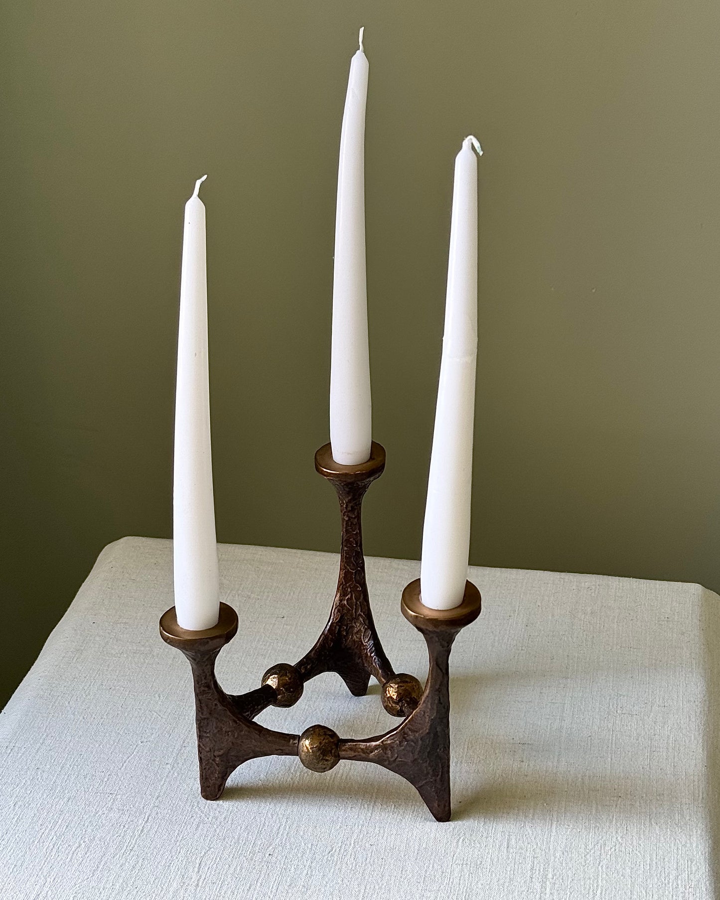 Brutalist Bronze 3 Prong Candleholder