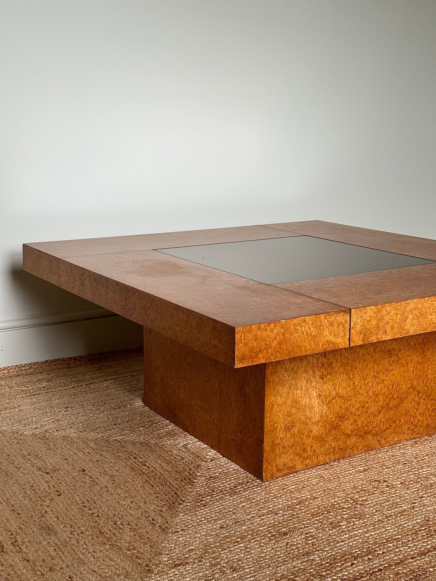 1970’s Birdseye Burlwood Maple, Brass Inlay & Smoked Glass Coffee Table