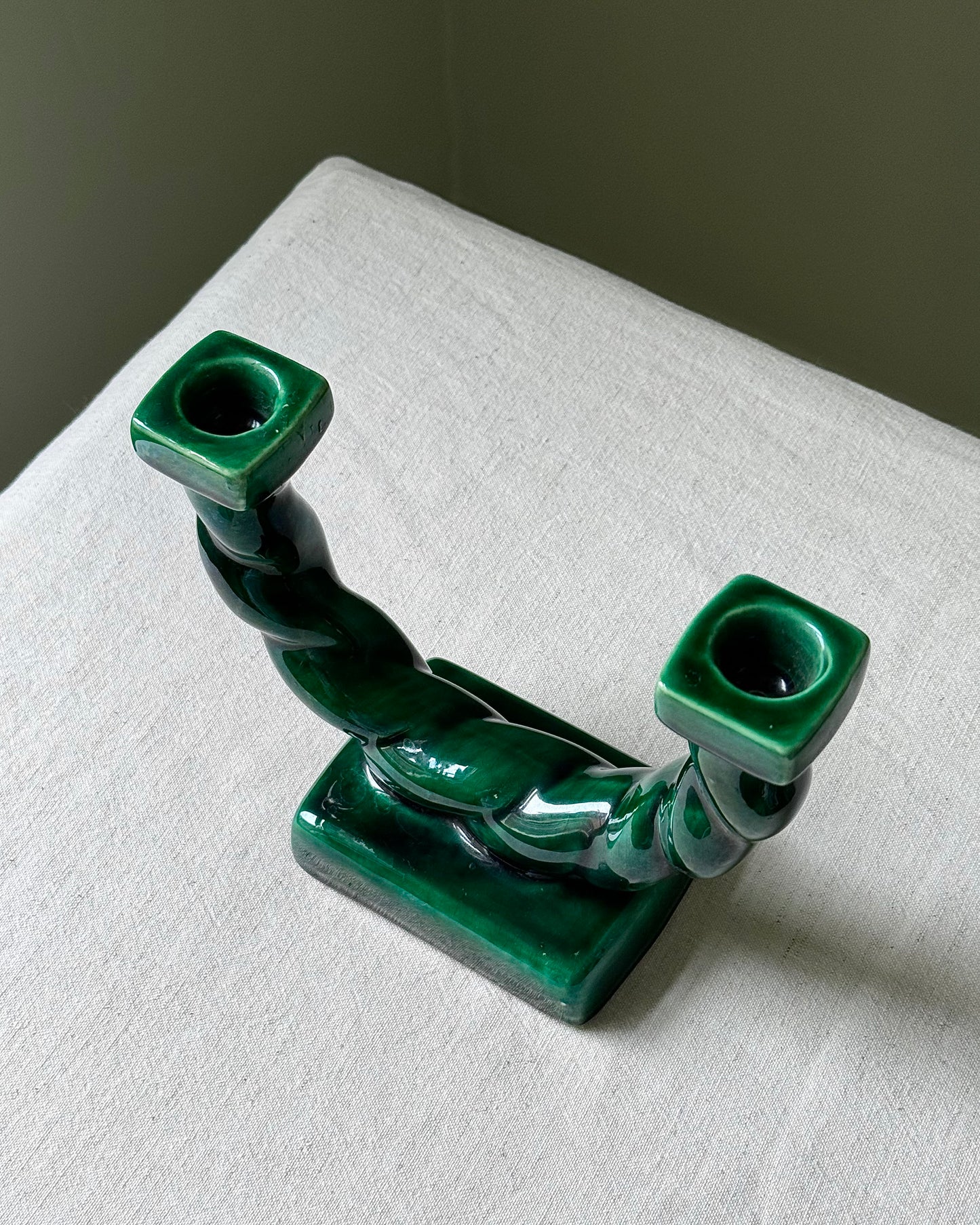 French Vintage Green Glaze Rope Candelabras, Longchamp
