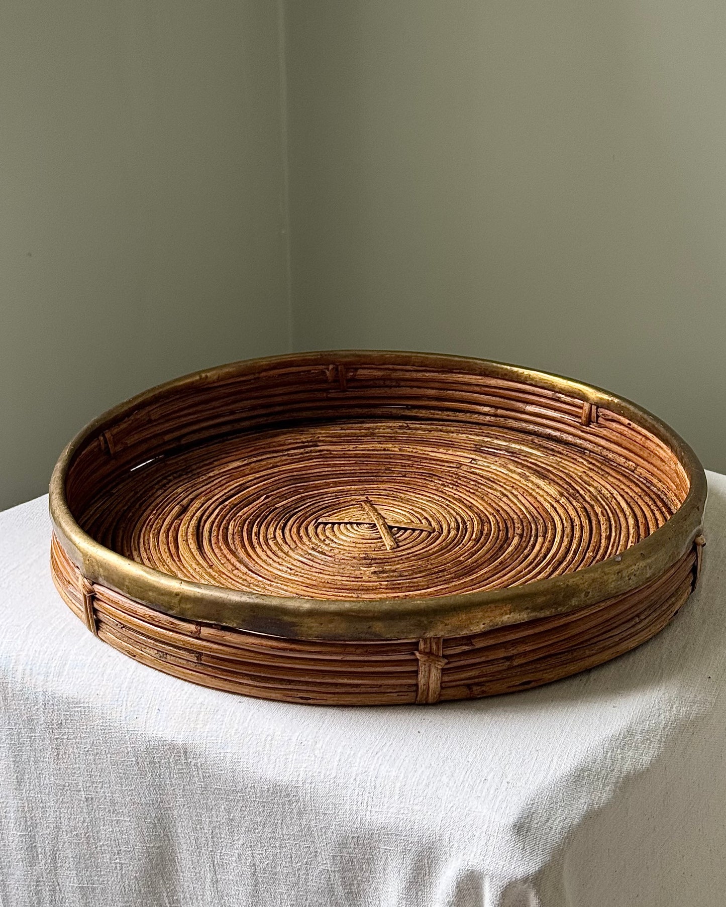 Large Italian Pencil Reed & Brass Round Tray