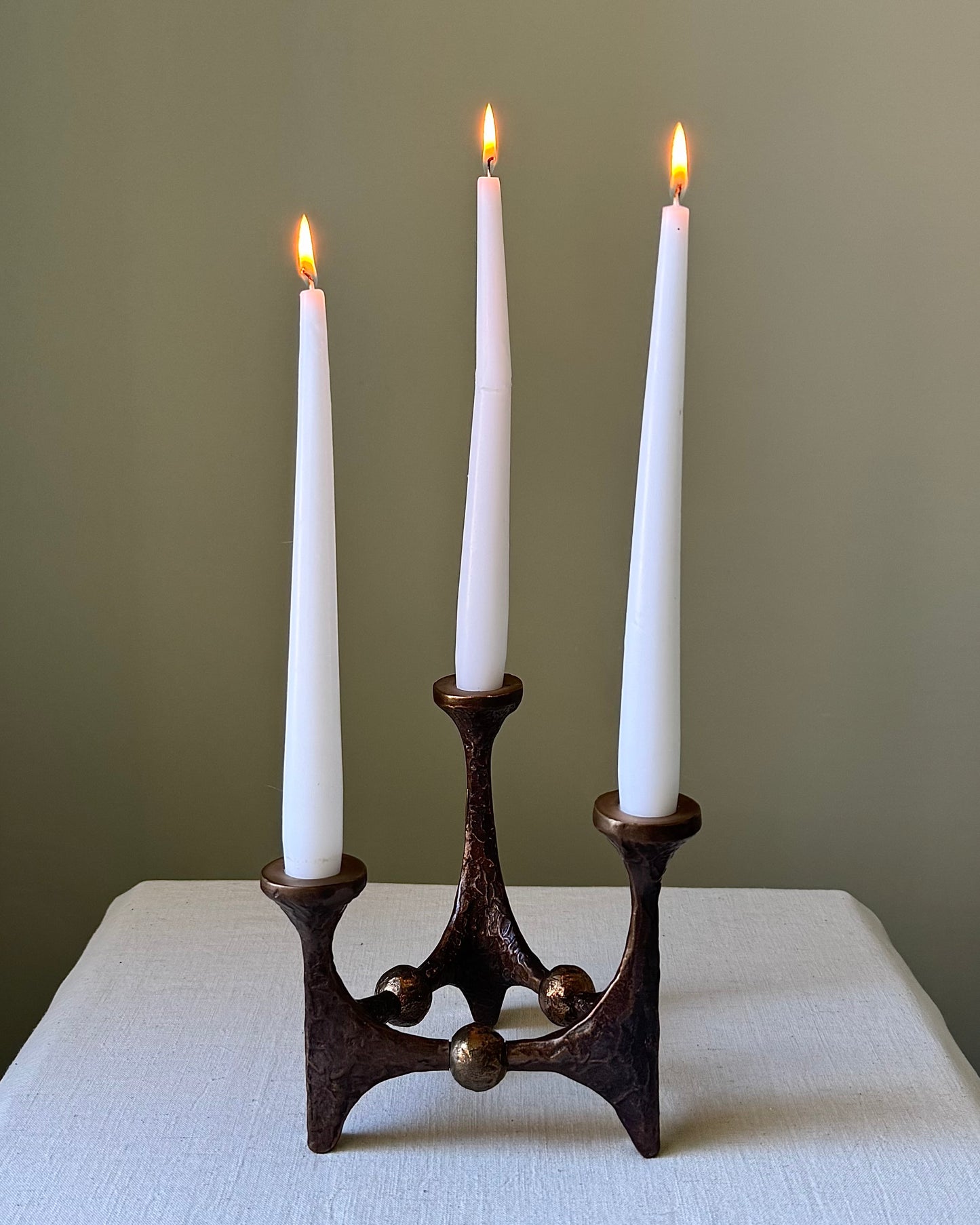 Brutalist Bronze 3 Prong Candleholder