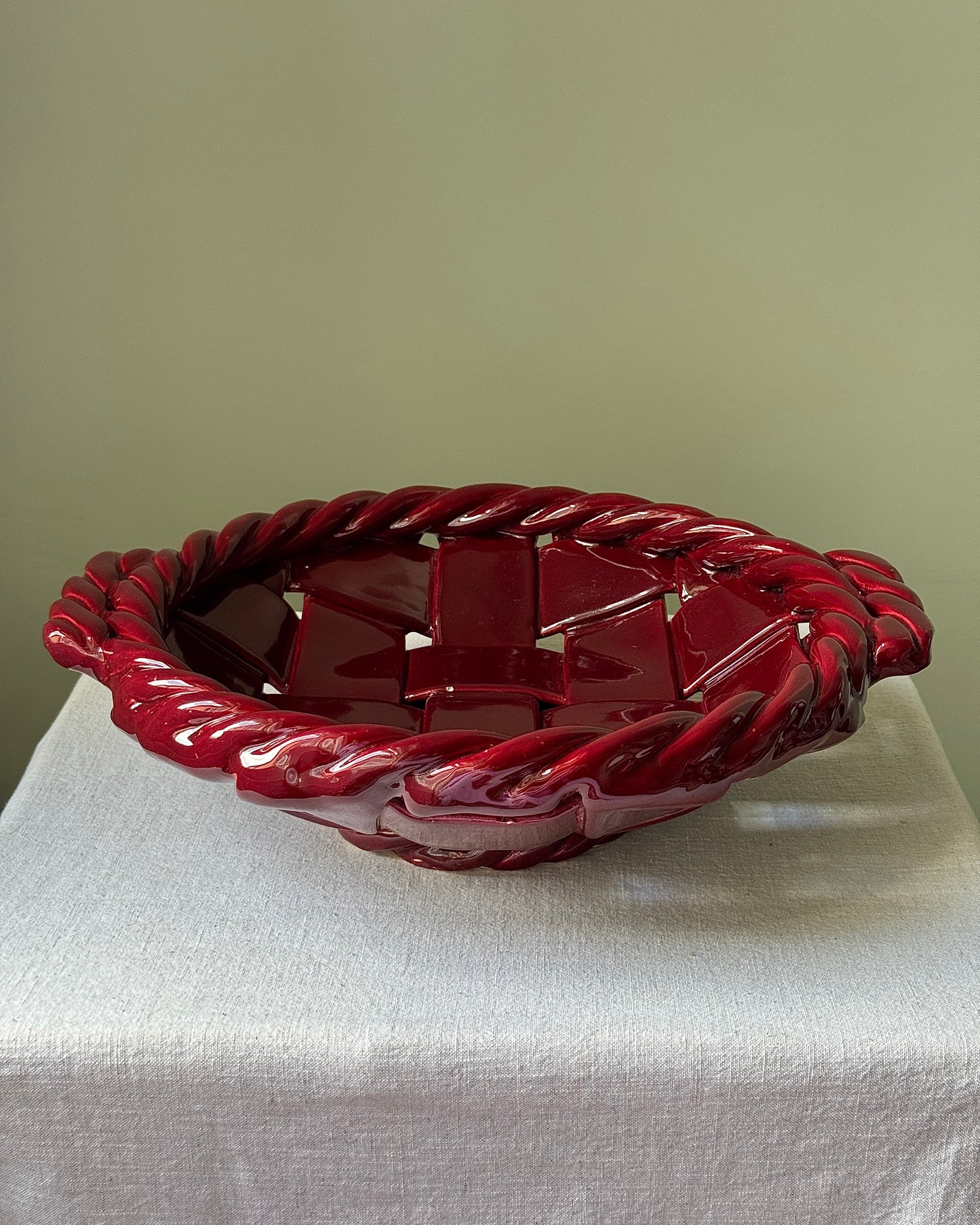Large Glossy Red Ceramic Woven Basket Bowl