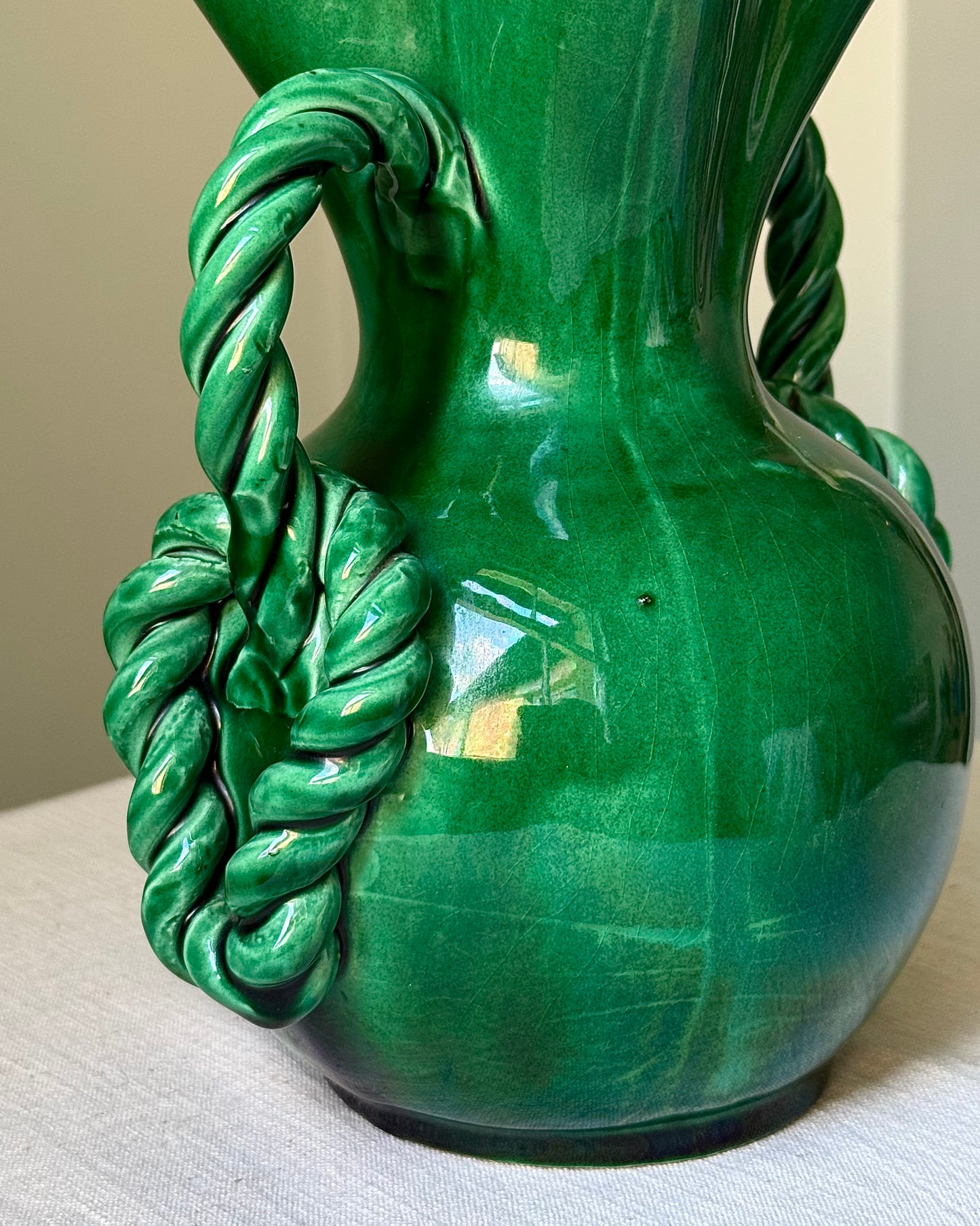 Vallauris Green Glaze Twisted Rope Handled Vase
