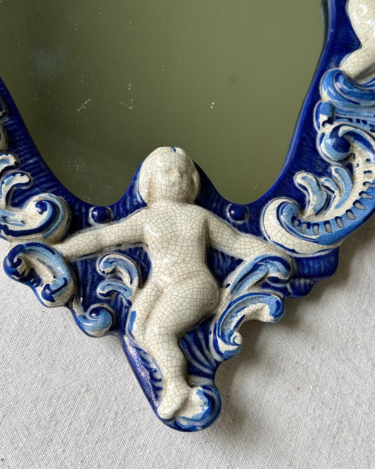 Italian Ceramic Mirror with Cherubs and Shell Motif