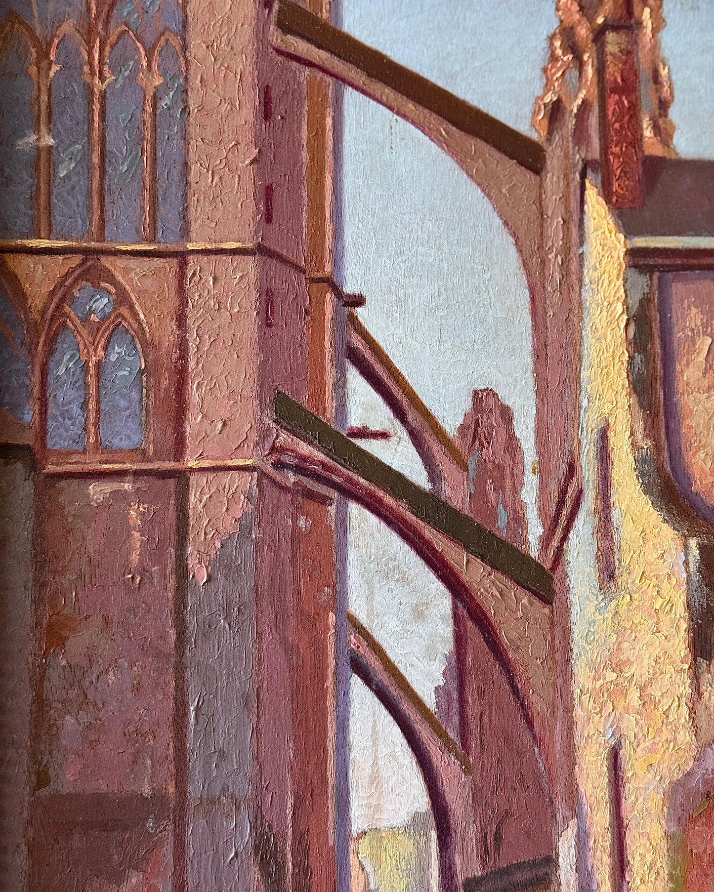 Mid century european architectural landscape oil on board depicting a cathedral in Chartres, France. The painting is in a post-impressionist style with influence from expressionism. The painting features a rich, somewhat muted colour palette with visible brush strokes, which adds an interesting texture. The painting is signed A Jaequet 1943.
