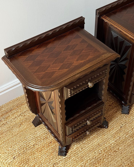 Pair of Folk Carved Oak Bedside Tables, French c.1940 - Club Sourced