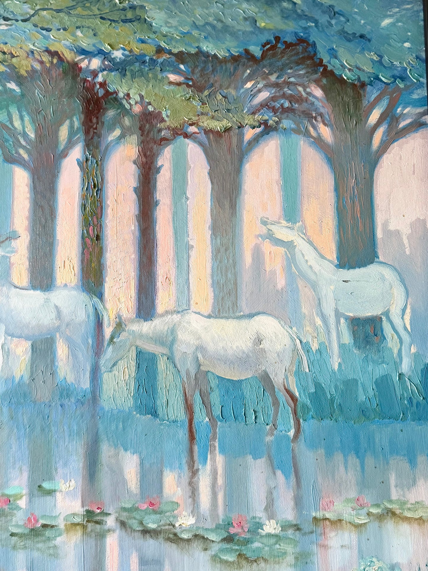 White Horses by a Lily Pad Lake Framed Oil on Board, Signed James Kessel 1974
