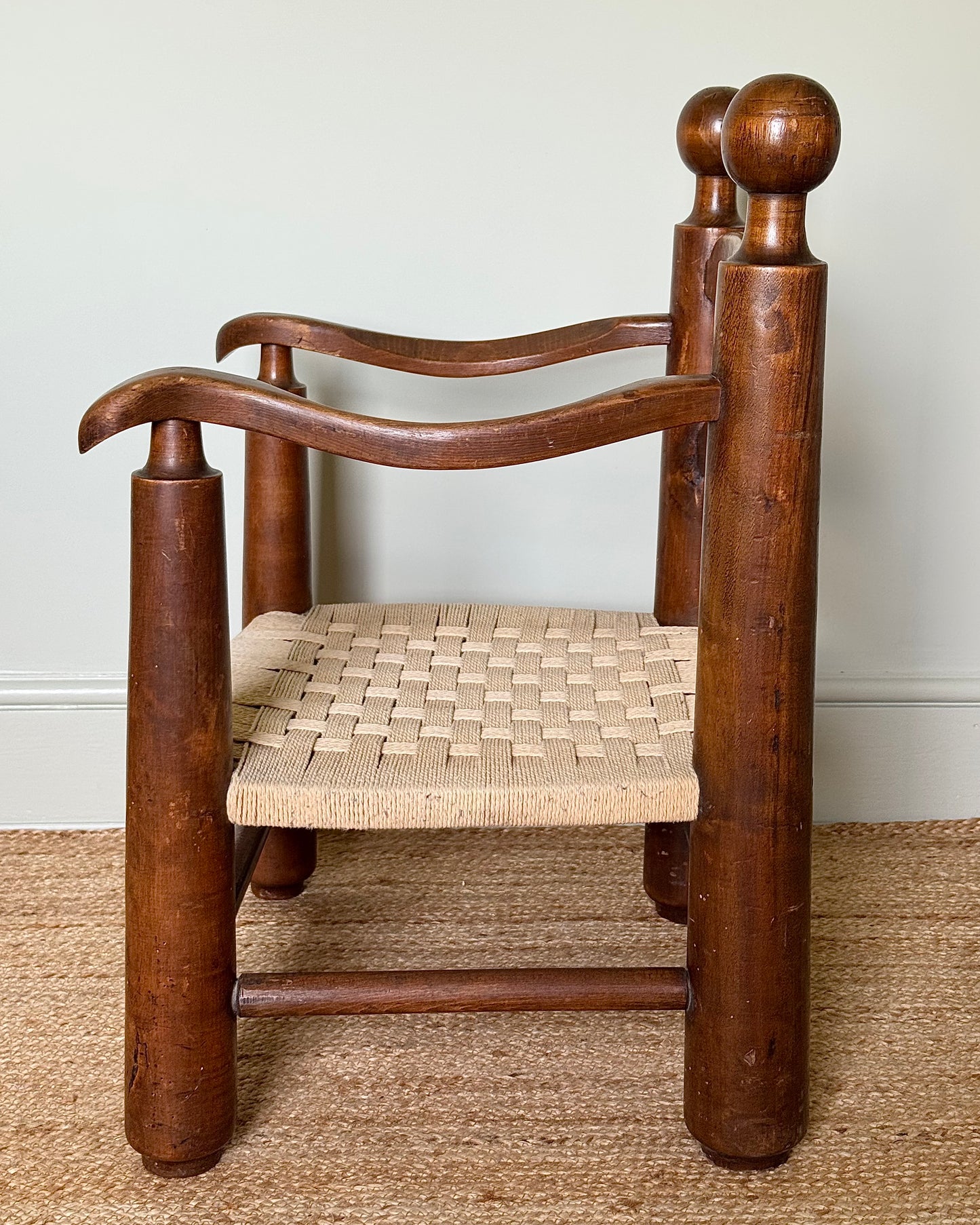 French Low Oak & Rope Armchair, in the style of Charles Dudouyt