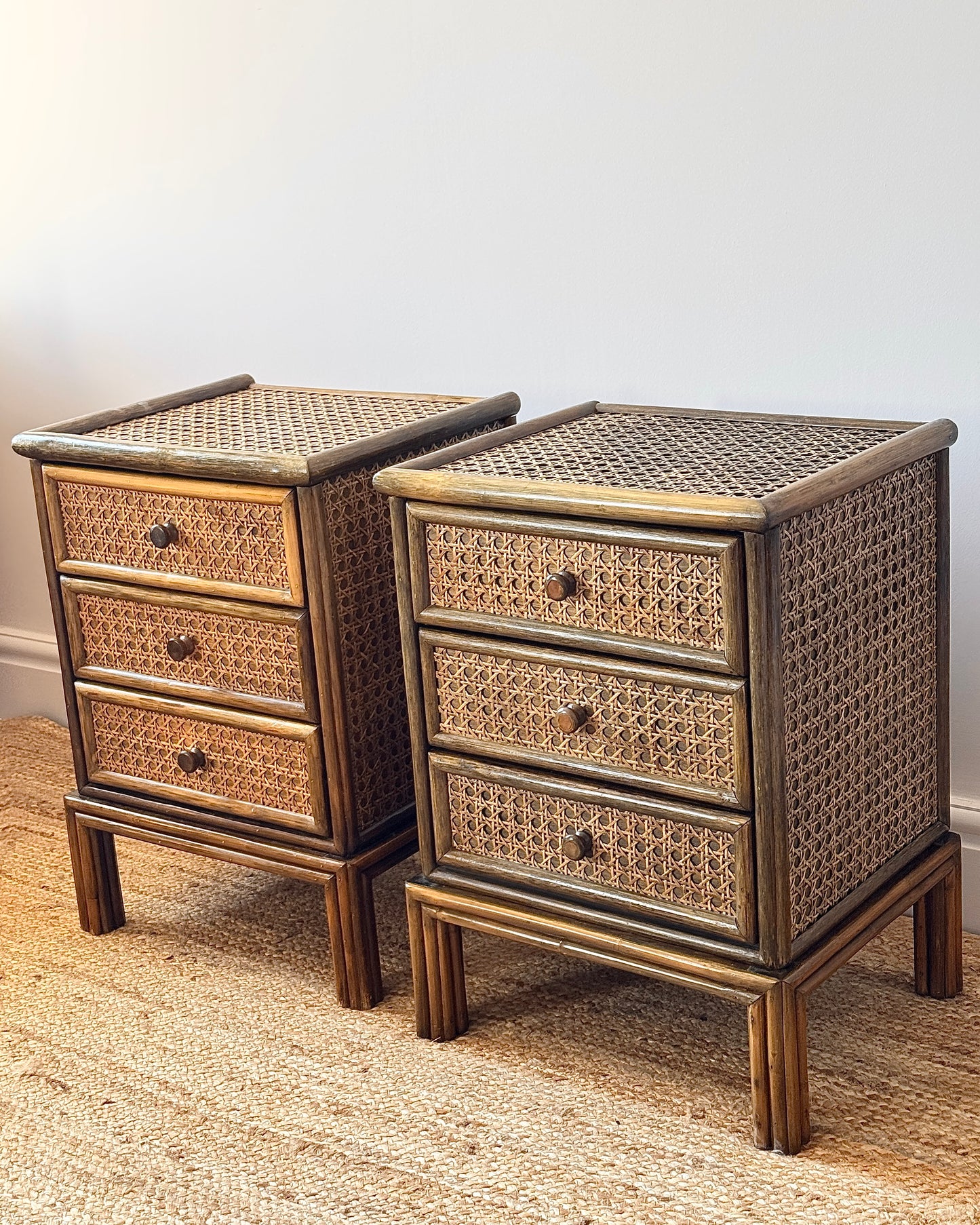 Pair of Cane & Bamboo Bedside Tables Attributed to Roche Bobois