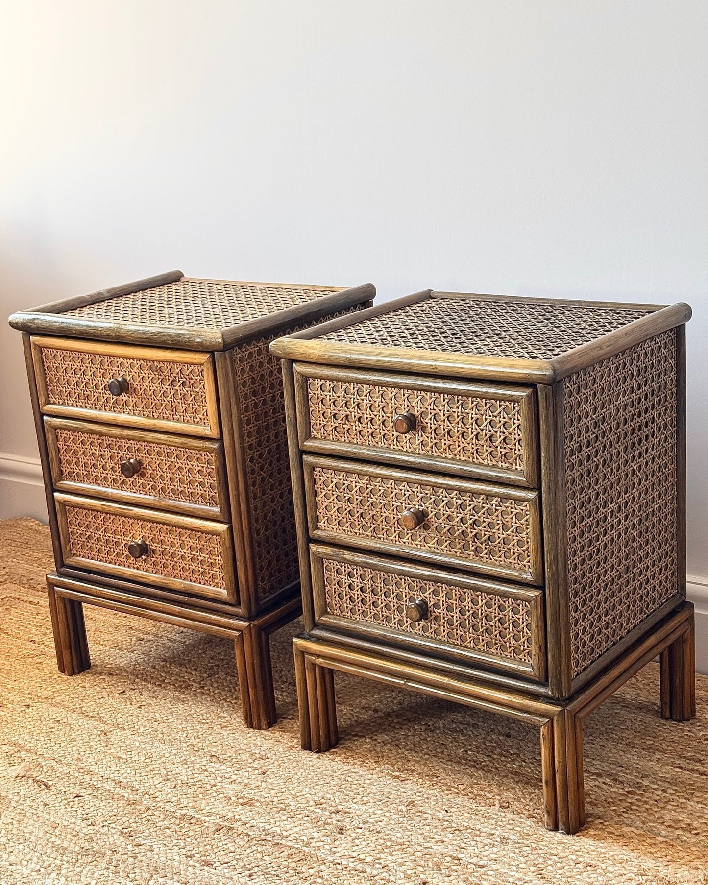 Pair of Cane & Bamboo Bedside Tables Attributed to Roche Bobois - Club Sourced