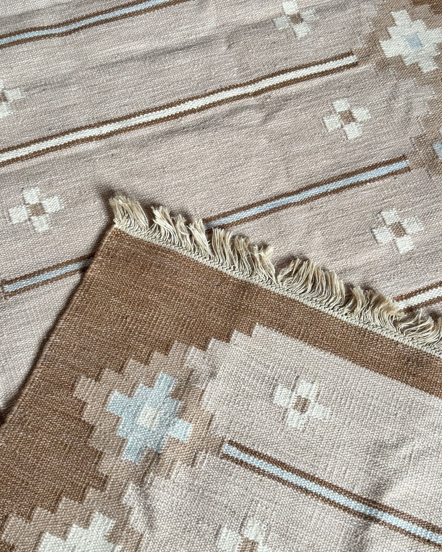 Swedish Flatweave Röllakan Wool Rug with Stepped Geometric Frame