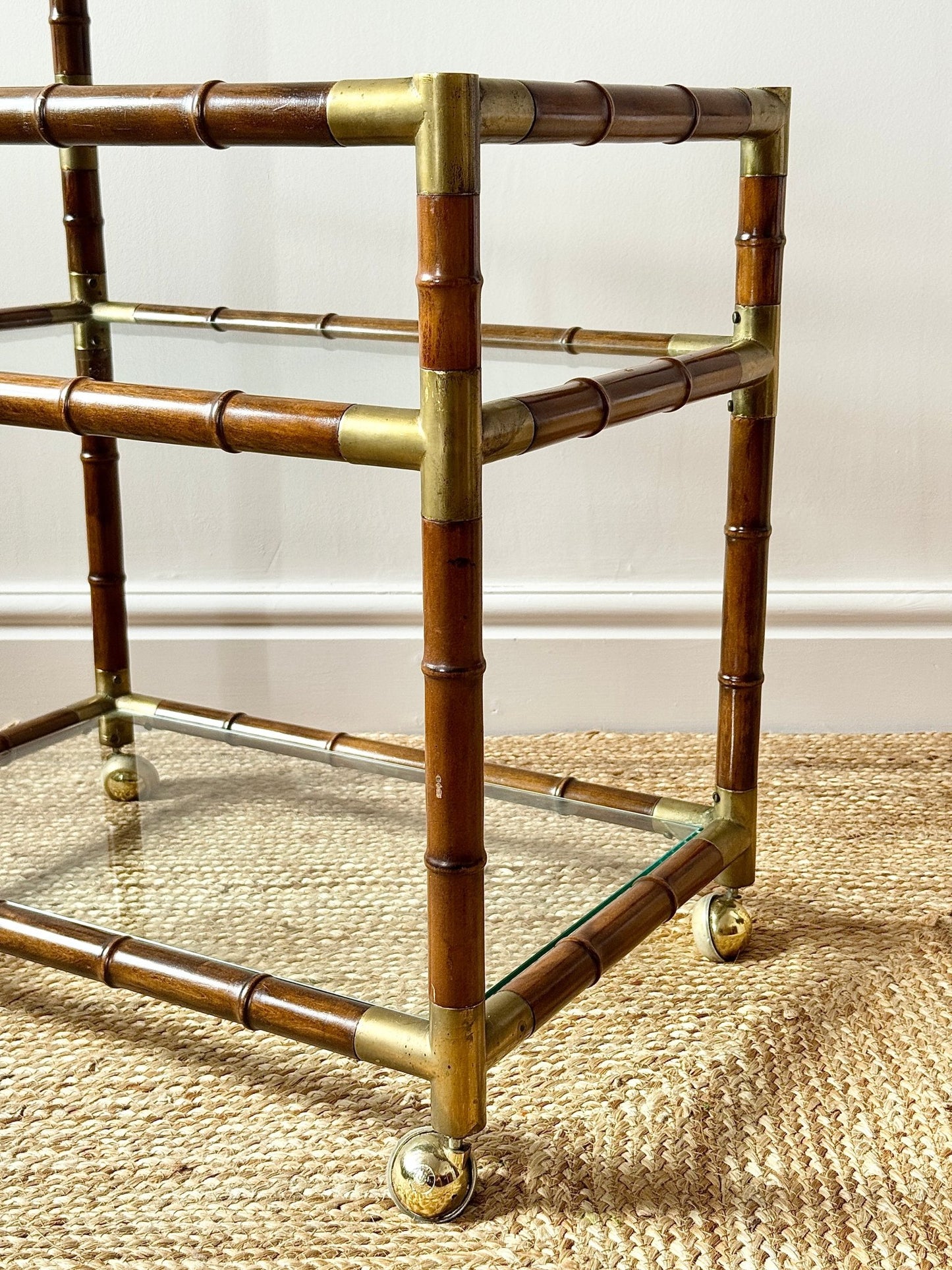 French Faux Bamboo and Brass Three-Tier Bar Cart - Club Sourced