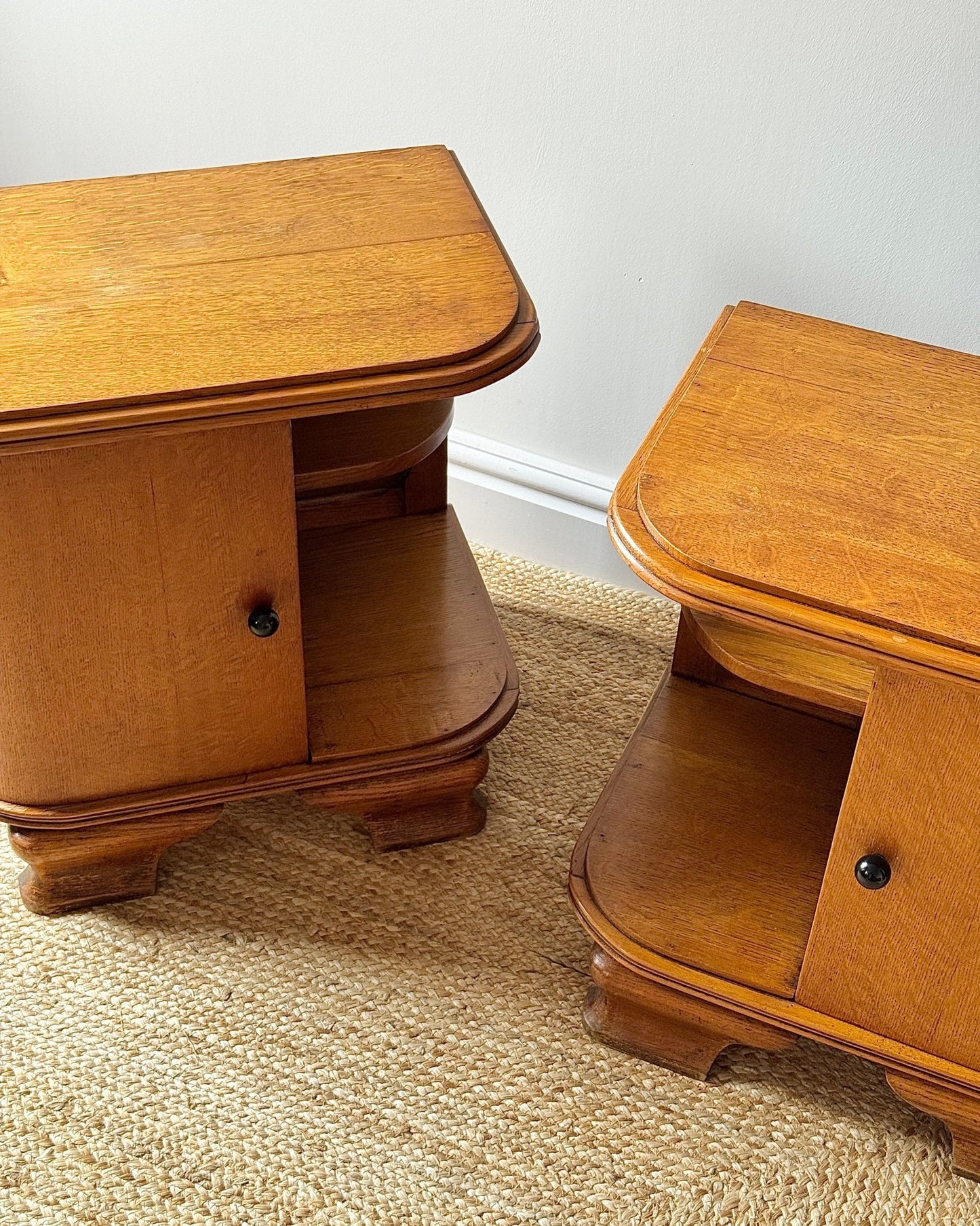 Pair of French Art Deco Oak Bedside Tables c.1930s - Club Sourced