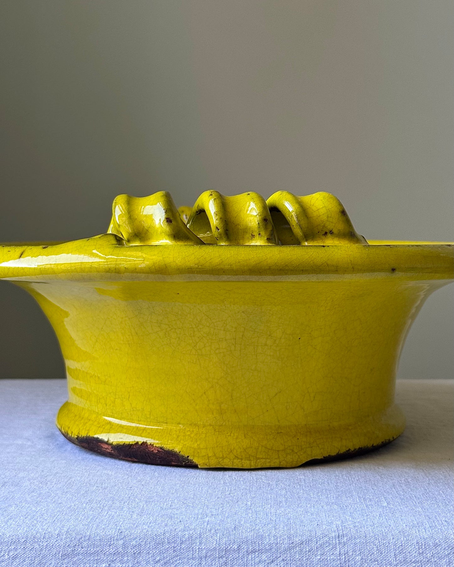 Antique Catalan Yellow Glazed Terracotta Bowl with Scroll Handles