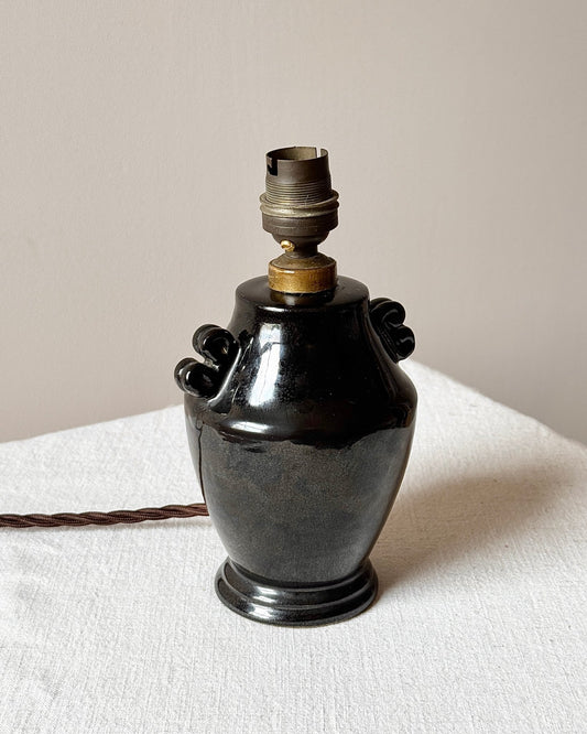 French Art Deco Black Ceramic Table Lamp with Scrolled Handles - Club Sourced