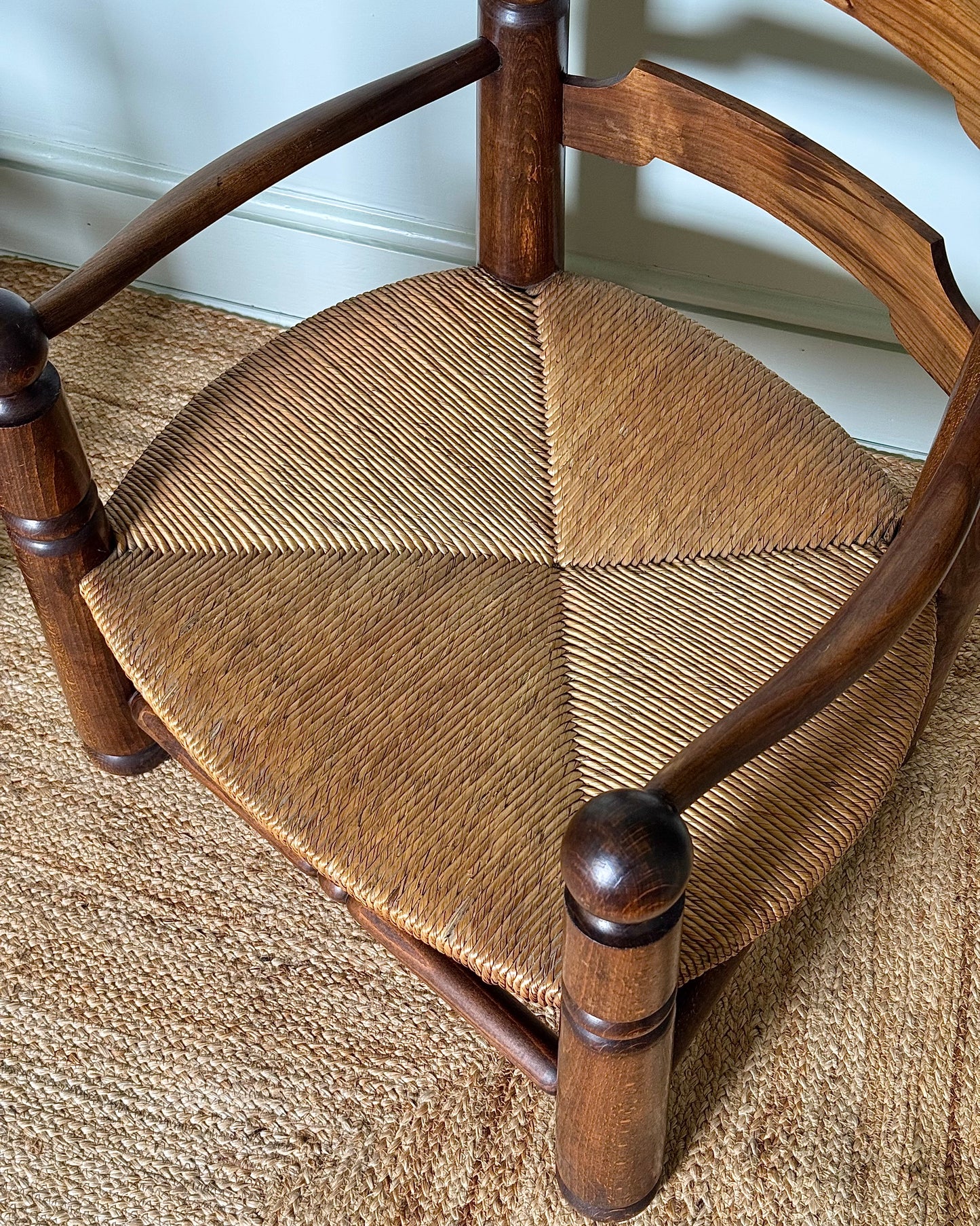 Pair of Charles Dudouyt Oak and Rush Armchairs, 1940s