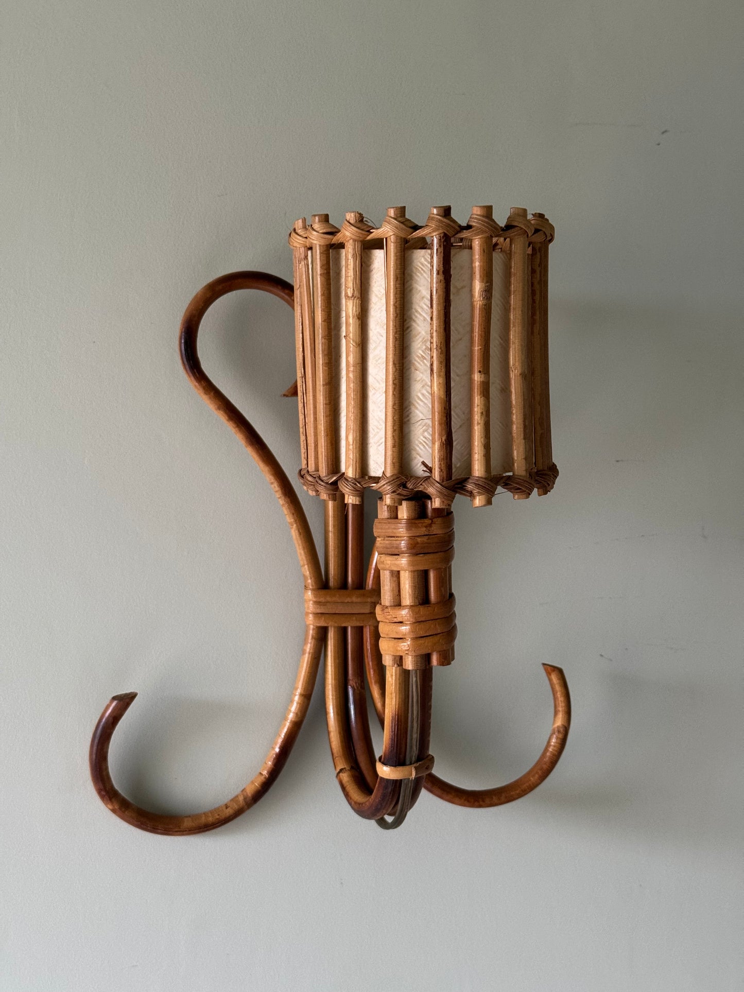 Pair of Rattan & Bamboo Wall Sconces, Attributed to Louis Sognot