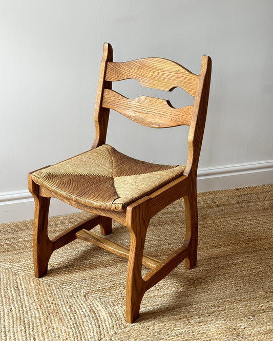 Set of Four Razor Back Oak & Rush Dining Chairs by Guillerme et Chambron