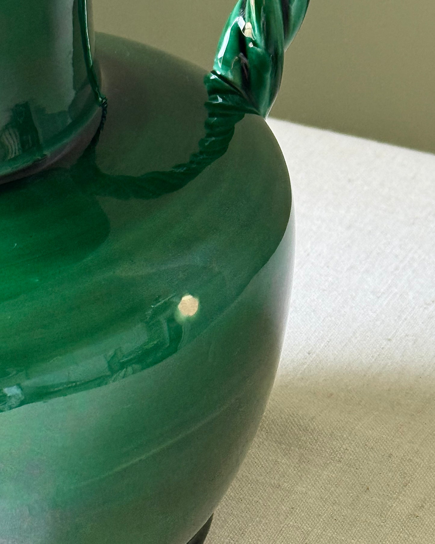 Vallauris Green Glaze Vase with Twisted Rope Handles