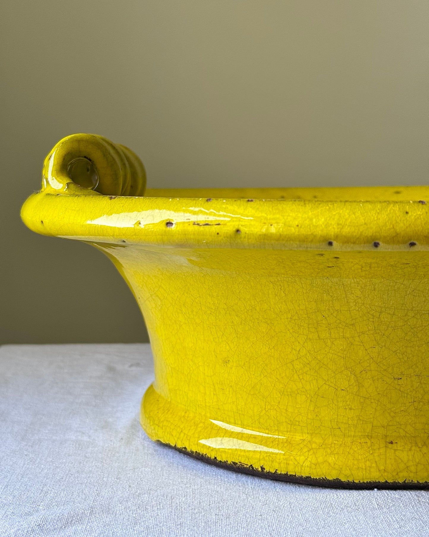 Antique Catalan Yellow Glazed Terracotta Bowl with Scroll Handles