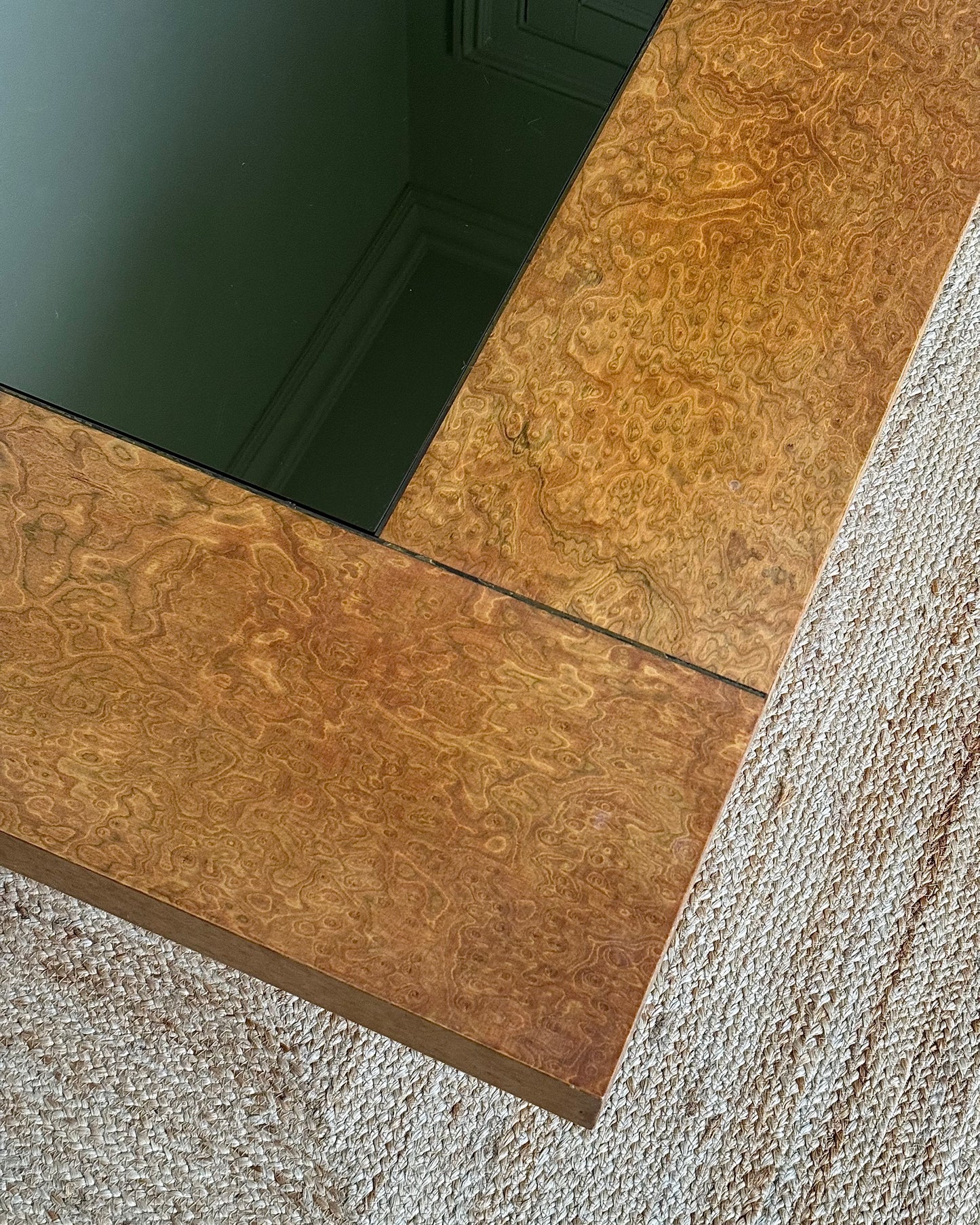 1970’s Birdseye Burlwood Maple, Brass Inlay & Smoked Glass Coffee Table