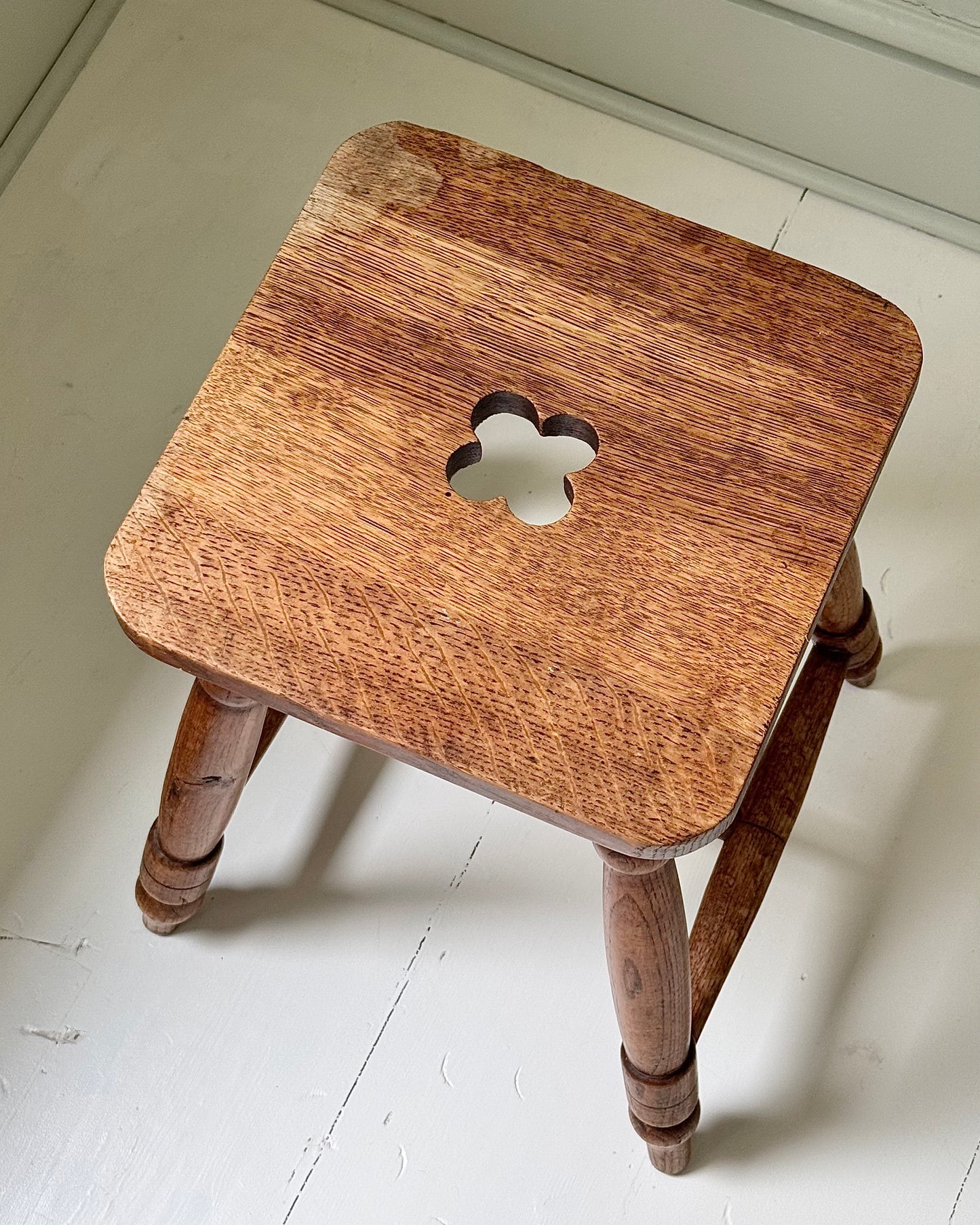 French Mid-century Oak Stool with Quatrefoil Cut-Out