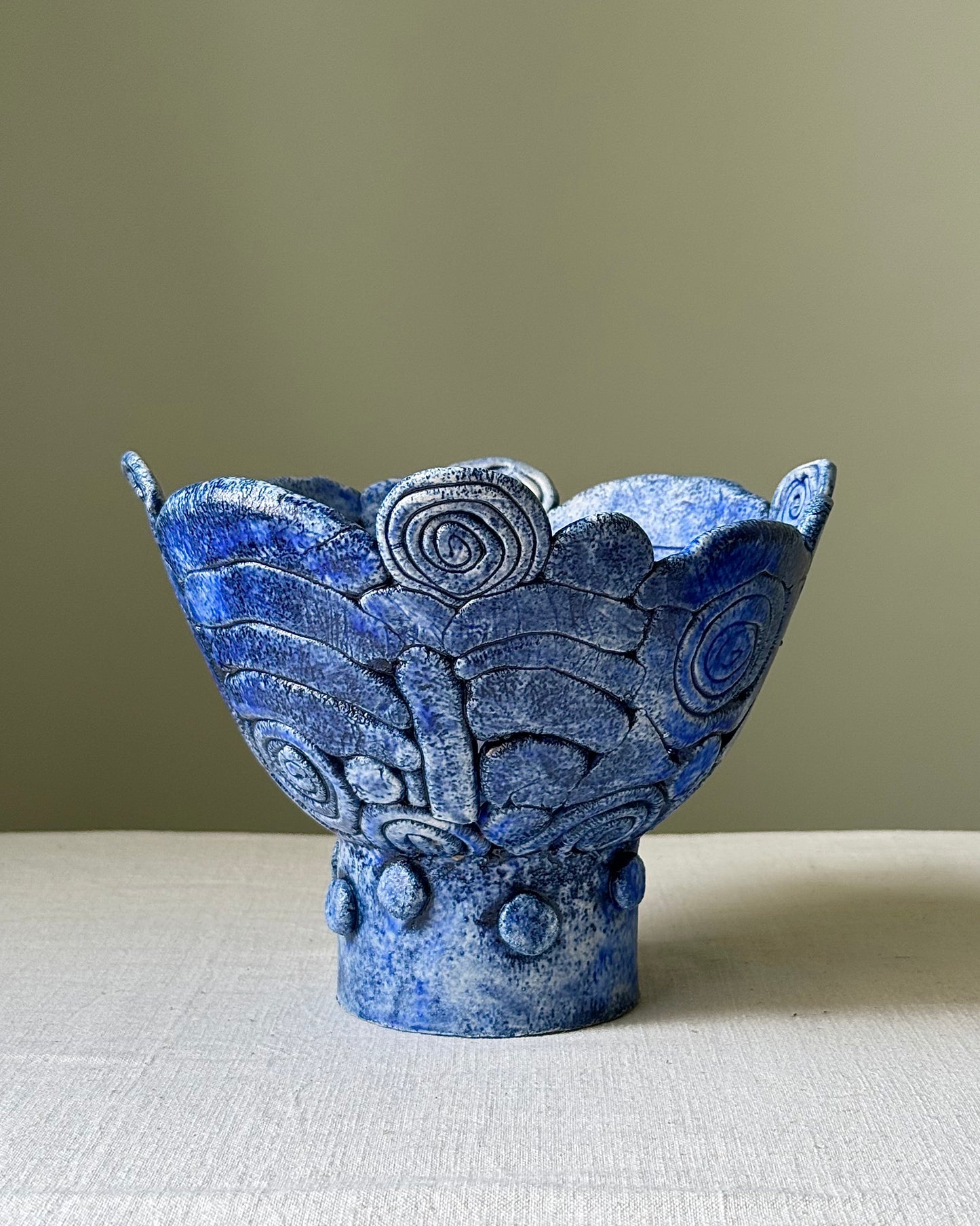 Cobalt Blue Sculptural Studio Pottery Pedestal Bowl