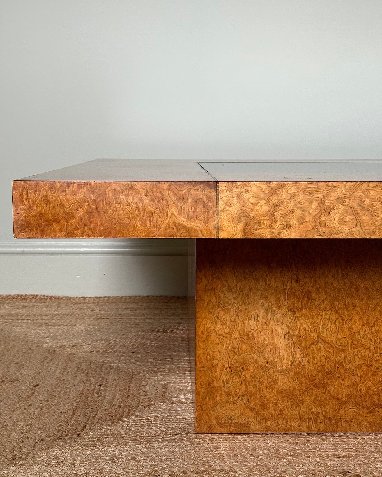1970’s Birdseye Burlwood Maple, Brass Inlay & Smoked Glass Coffee Table