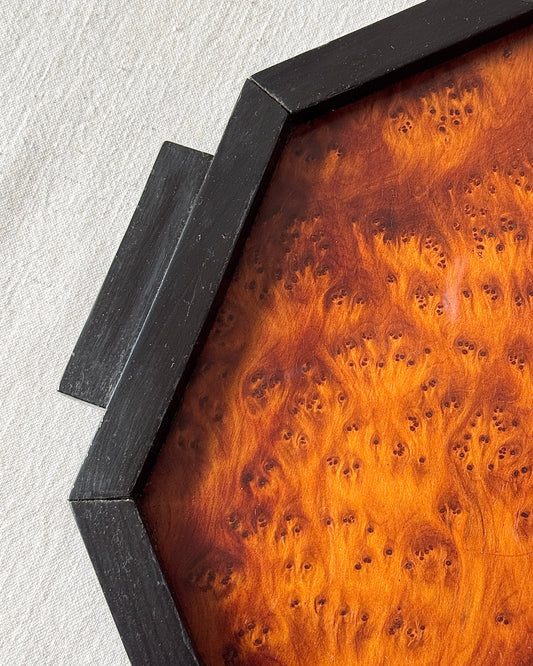 Art Deco Hexagonal Burlwood Tray with Black Frame