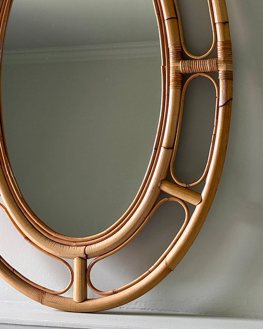 Italian Mid-Century Bamboo & Cane Oval Mirror