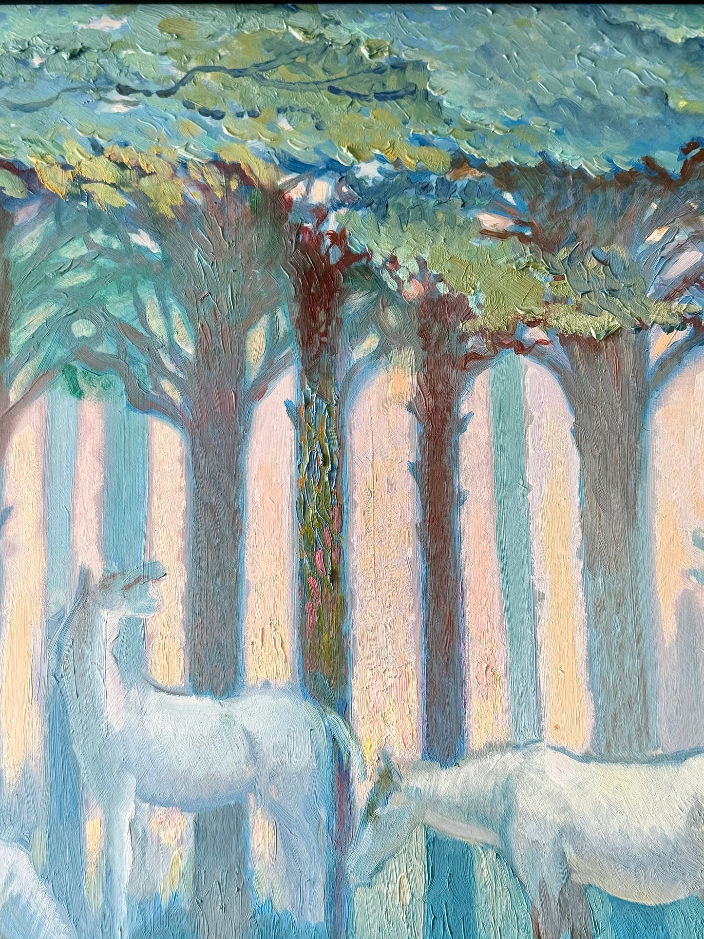White Horses by a Lily Pad Lake Framed Oil on Board, Signed James Kessel 1974