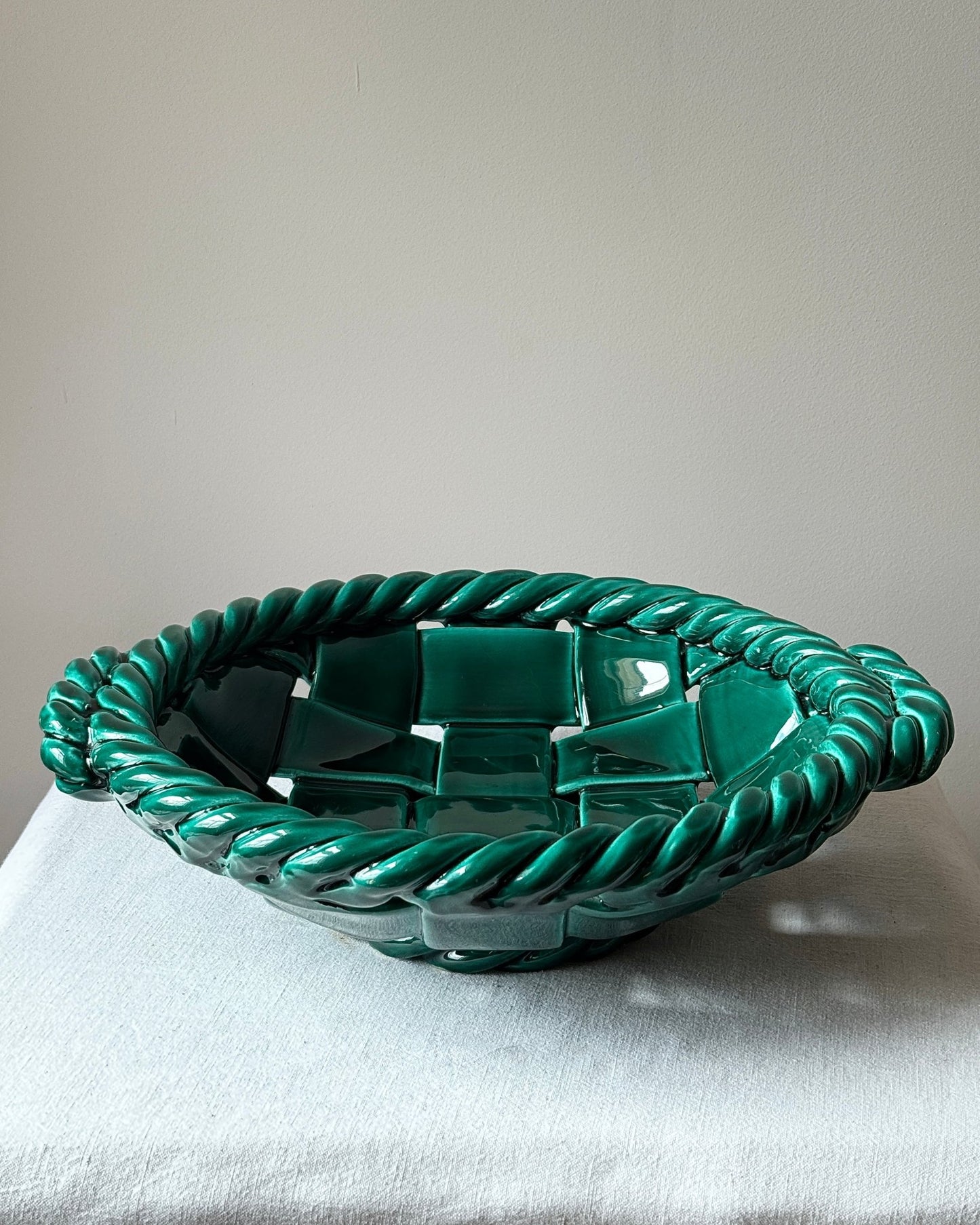 Large Vallauris Emerald Green Ceramic Woven Bowl - Club Sourced