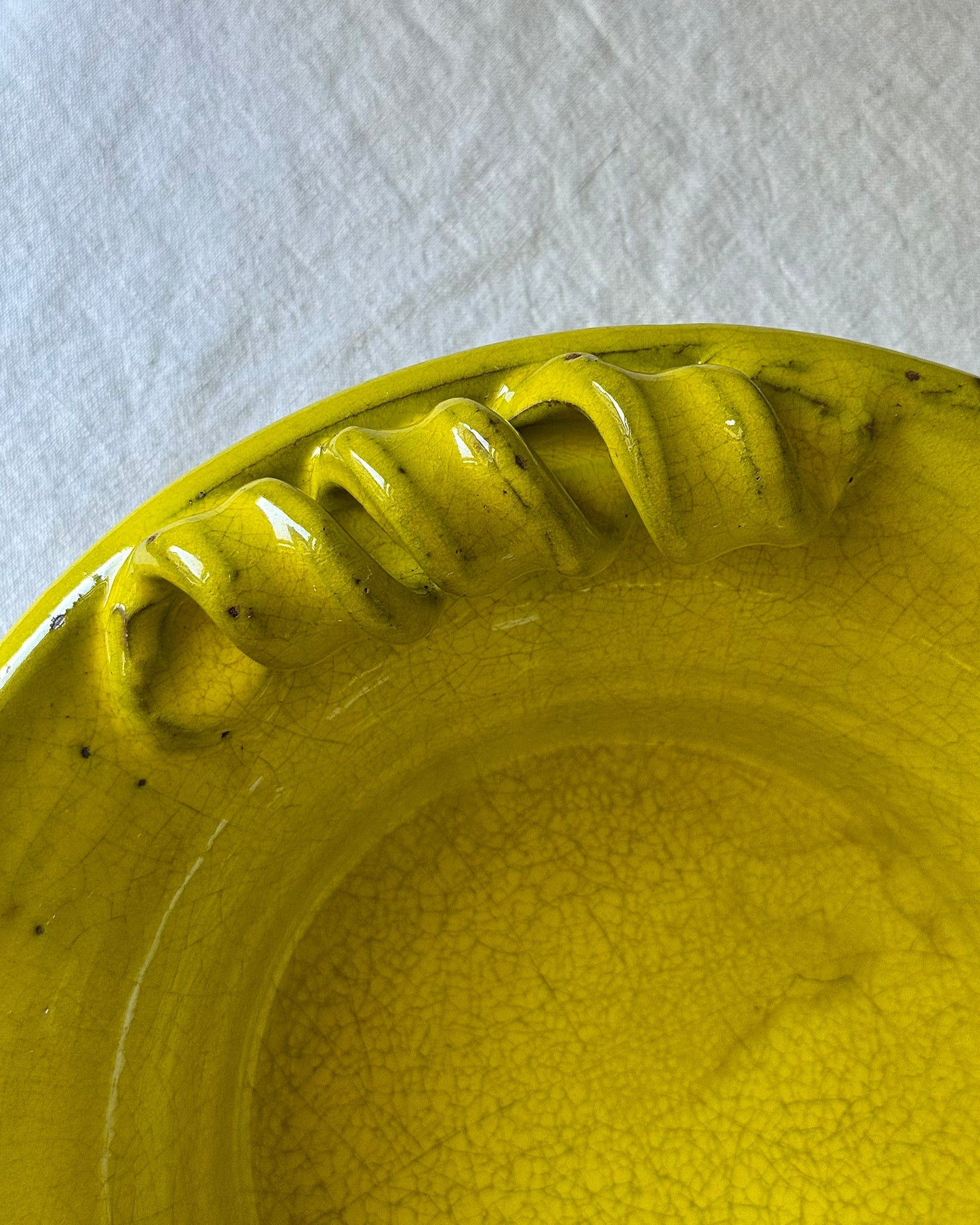 Antique Catalan Yellow Glazed Terracotta Bowl with Scroll Handles