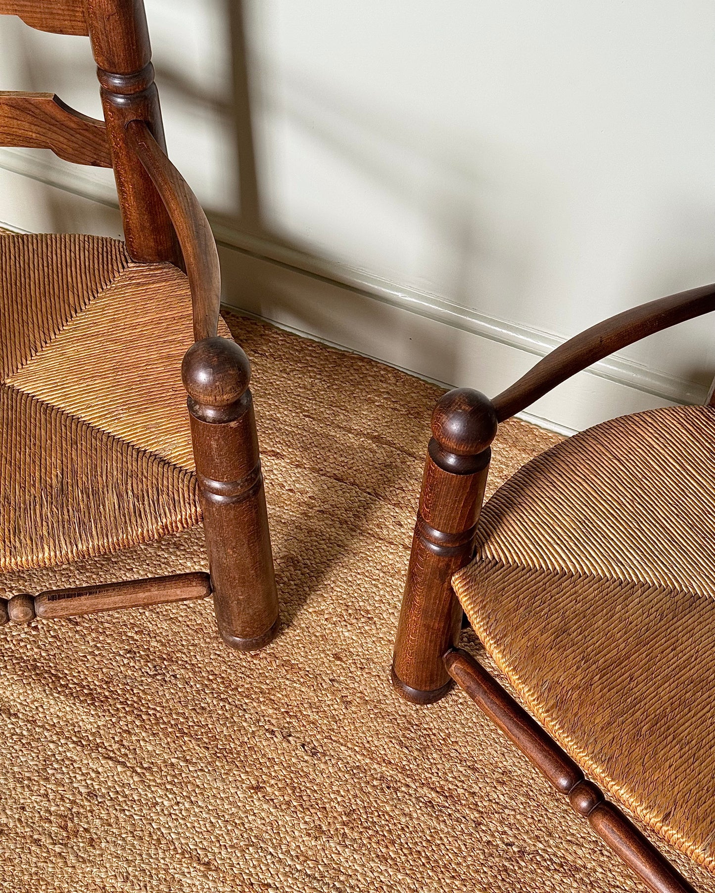 Pair of Charles Dudouyt Oak and Rush Armchairs, 1940s