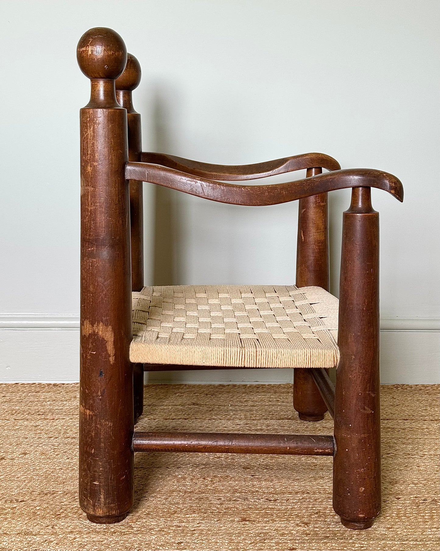 French Low Oak & Rope Armchair, in the style of Charles Dudouyt
